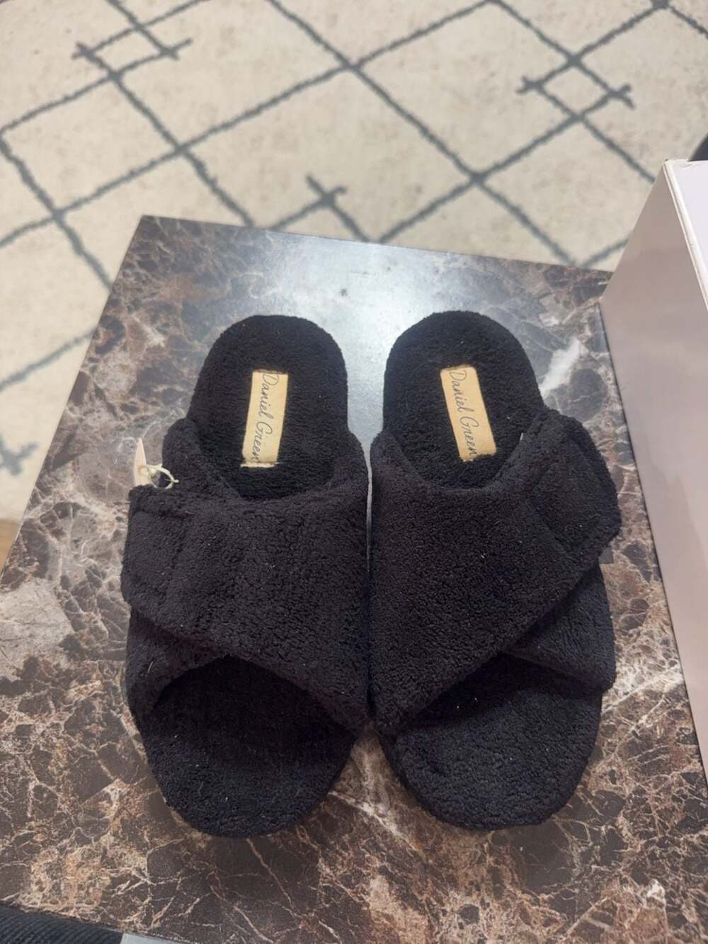 Daniel Green Black Plush Crossband Slide Slippers